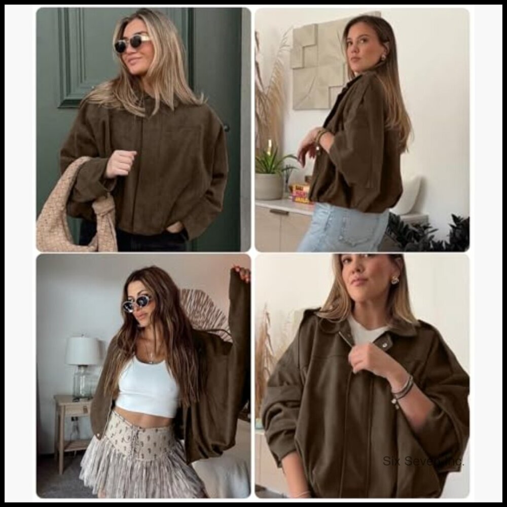 Faux Suede Bomber Jacket Oversized Cropped Pilot Coat - Picture 6 of 7